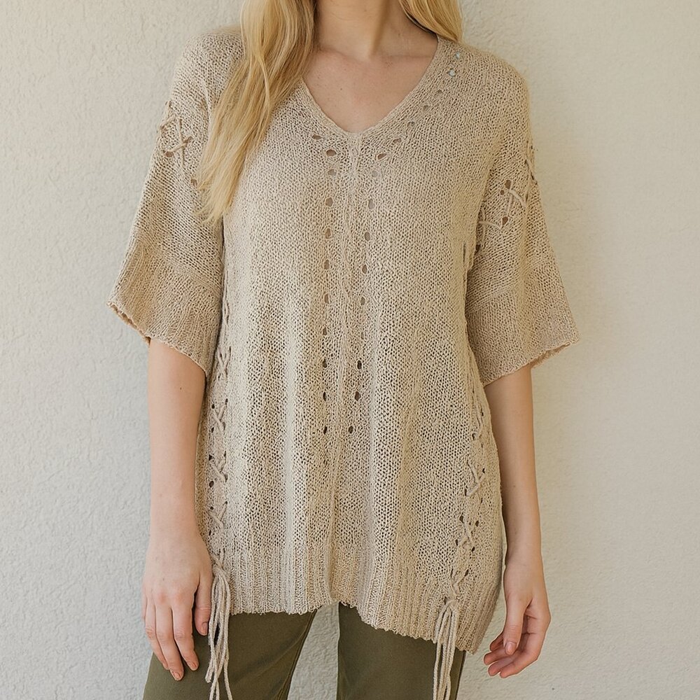 Easel Beige Tan Laceup Tunic Sweater Batwing Dolman Sleeve Vneck Size Large